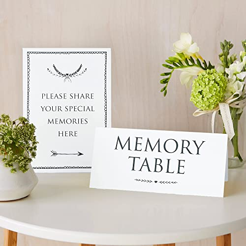 ANGEL & DOVE Set of 2 White Card Signs 'Memory Table' & 'Share Your Memories' - For Funeral Condolence Book, Memorial, Celebration of Life