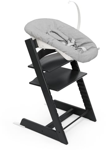 Tripp Trapp Stuhl von Stokke (schwarz) mit Newborn Set (Grau) – für Babys bis 9 kg – bequem, sicher und einfach zu bedienen