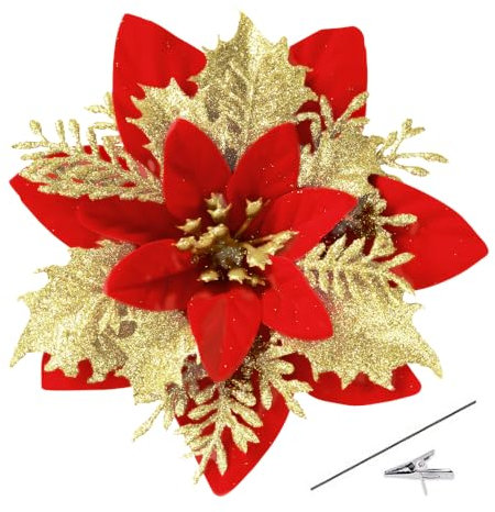 Bafenli 15 Pièces 14CM Fleurs de Noël Clignotant Poinsettia Artificiel Fleurs Arbre de Noël Ornements avec Clips Tiges pour DIY Guirlande Fête Maisons Vacances Décoration - Rouge Doré