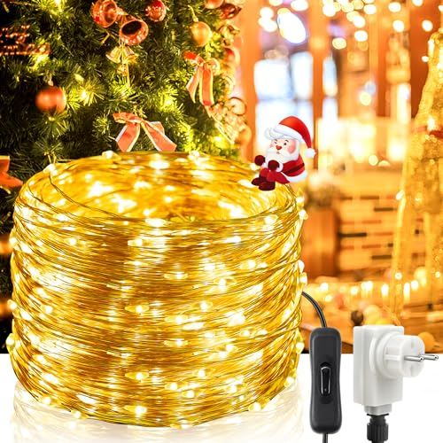 Guirlande Lumineuse, 20M 200LEDs 8 Modes IP65 Etanche Guirlande Lumineuse Exterieure avec Adapteur Alimentation Micro LED Decoration pour Chambre Noël Mariage Fête Anniversaire Jardin (Jaune Chaud)