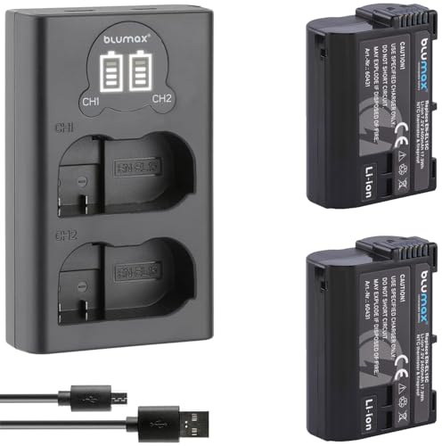 2X Blumax Akku kompatibel mit Nikon EN-EL15c | 2400mAh | NTC-Sensor & V1-Gehäuse + Slim Dual Charger EN-EL15b EN-EL15a EN-EL15 für Z8 Z7 II Z6 III Zf