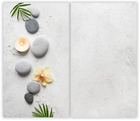 SMTDeco Herdabdeckplatte 2×30×52 cm – Mehr Arbeitsfläche, Spritzschutz & Schneidebrett – ESG Glas, kratzfest – für Induktion/Ceranfeld – 2-teilig, Motiv Stein Blume Grau