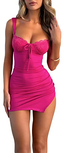 Siyova Femme Robe Sexy Sans Manches Moulante Mini Robe Bodycon en Dentelle Robe d'Été Courte Femmes Robe de Cocktail pour Party Club Plage