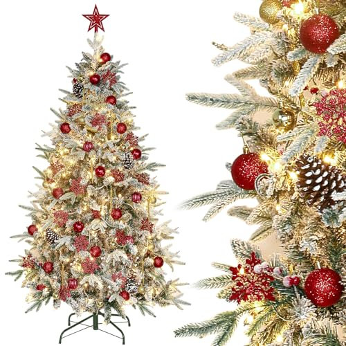 DEWUR 210cm Weihnachtsbaum künstlich mit Beleuchtung mit Schnee und STK. Weihnachtskugeln Weihnachtsdeko Set, Metallständer