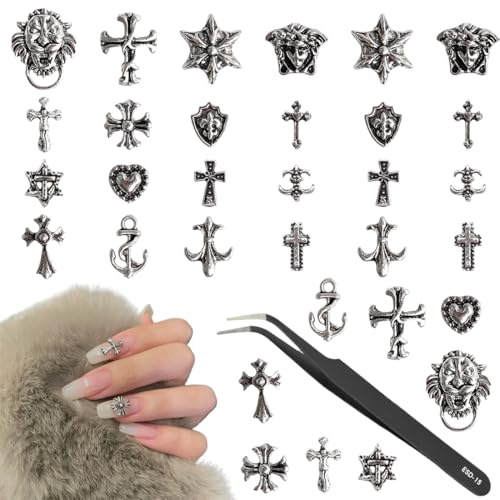 FMYODWU 64 Piezas Cruz Uñas Charms, 3D Punk Uñas Arte Charms, Metal Uñas Charms, Vintage, Adecuado para Mujeres y Niñas, DIY Uñas Decoraciones, Viene con una Pinza Negro