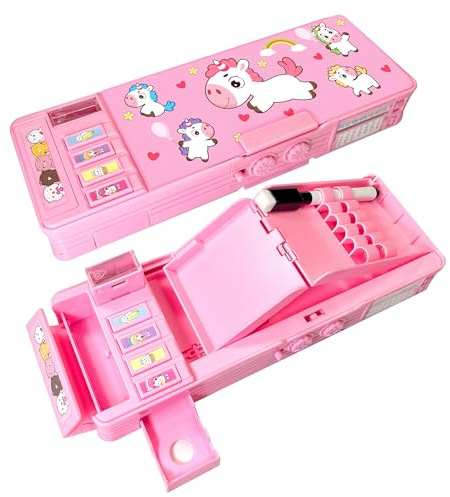 Astuccio Pop-up Multifunzione Rigido con Scomparti, con Pulsanti e a Cerniera per Bambini, Simpatici Cartoni Animati, Cancelleria, Calendario, Lavagna, Forniture Scolastiche per Ragazze, Ragazzi, Rosa