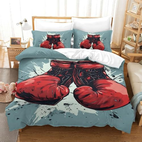 UFAZEHDNS Boxing Gloves 3D Printed Quilt Cover Set 3 Pieces Bed Duvet Set Soft Microfiber with Zipper Closure，Pillowcases for Kids Girls Boys Adults Bedroom Single（140x200cm）