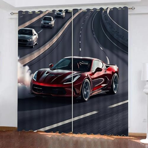 Auto Gardinen Motiv Schwarz Rot Sportwagen 2 Stück H 245Cm X B 140Cm, Vorhang Blickdicht Ösen Kurz,Verdunklungsvorhänge Kinderzimmer Mädchen Jungen,Kinder Vorhang Verdunkelung Für Schlafzimmer,A17
