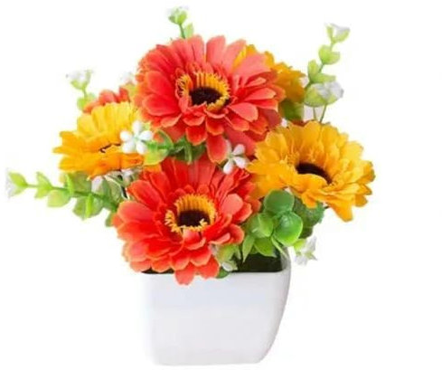 JPWNVF Künstliche Chrysantheme, Topfpflanze, lebensecht, Schleierkraut, Holztopf, Bonsai, Gartendekoration, Orange