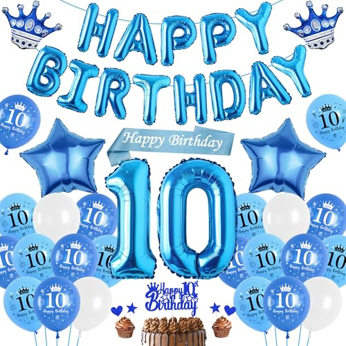 Luftballon 10. Geburtstag Deko Junge Blau, Happy Birthday Banner Ballons XXL Zahl und Stern Kronen Folienballon, Tortendeko Schärpe für Kinder Geburtstagsdeko 10 Jahr Jungen Mädchen