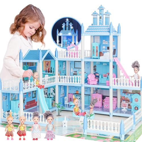 Puppenhaus Spielhaus Mädchen Spielzeug mit Lichtern, 3-Story 9 Zimmer Puppenhaus mit 4 Puppen Rutschen Treppen Möbel Zubehör Spielmatte, Kleinkind Geburtstag Geschenk für 3 4 5 6 7 8 Jahre alt