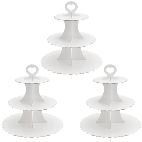 JEUIHAU Lot de 3 présentoirs à cupcakes ronds à 3 étages en carton blanc pour mariage, anniversaire, fête, anniversaire de mariage, Halloween et thé de l'après-midi