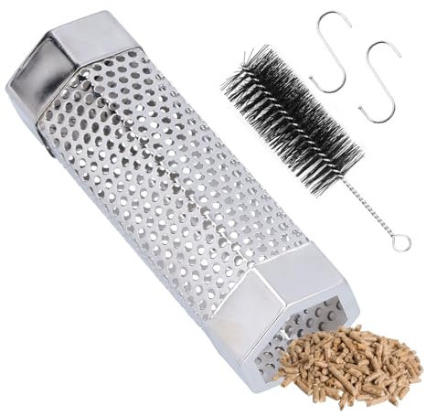Tubo Affumicatore per Barbecue,Affumicatore BBQ,Tubo affumicatore in Pellet,Affumicatore Griglia Tubo,Tubo Affumicatore Affumicatore Barbecue Acciaio Inox, Con 1 Spazzola, 2 Ganci, 15.5cm