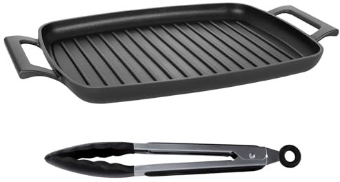 Httxyp Griglia Bistecchiera rettangolare 47cm | Piastra PROFESSIONALE fondo induzione in Acciaio | Antiaderente Tedesco | per forno grigliate bbq gas super resistente e antiaderente + pinza