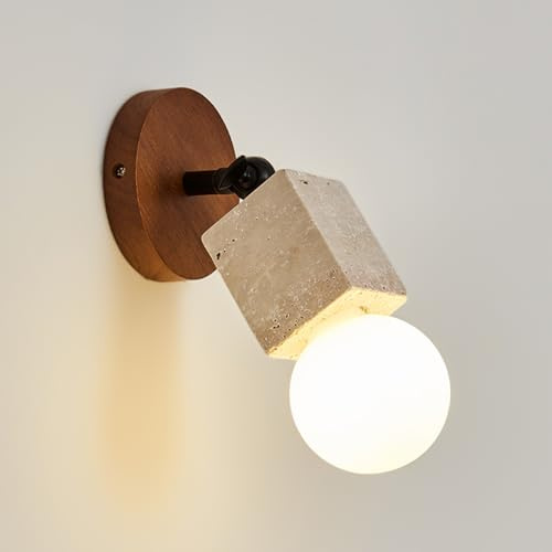 Lampada da Parete in Pietra Wabi Sabi, Applique da Parete in travertino Giallo, Moderna Lampada da Parete in Legno di Noce, Luce da Lettura Regolabile da Comodino, Stile Giapponese