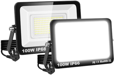 RIGIDON 2x Foco LED Exterior, 100W 10000LM Foco Proyector LED con Enchufe | 6000K Blanco Frío, IP66 Impermeable, Iluminación de Seguridad, Reflector Floodlight para Jardín Patio Garaje Hof Terraza