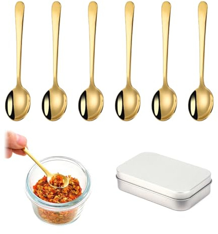 Shimmerz Set of 6 Small Spoons Mini Stainless Steel Spoons 7 cm for Salt Jars Spice Jars, SUS 304 Food-safe Spice Spoon for Powdered Spices, Pepper, Sugar, Coffee (Gold)