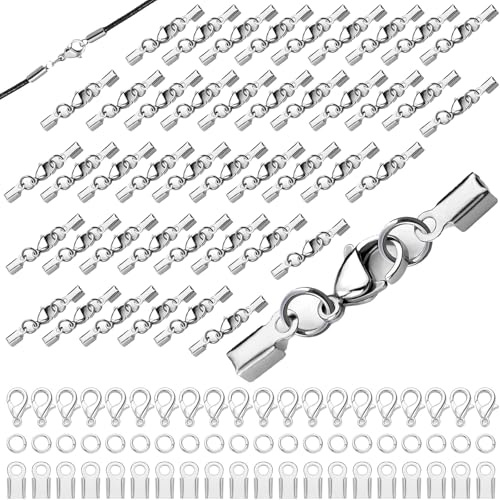 50 Stück Edelstahl Verschluss, Lederband Für Ketten, Armbänder Verschlüsse, Schmuckverschluss Edelstahl, DIY Schmuckherstellung, 200 Clips + 200 Verbindungsringe, Silber