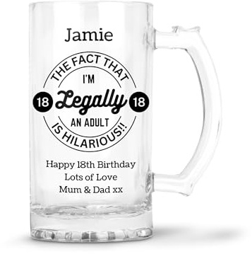 Personalised Clear Glass Beer Mug Tankard with Handle (0.8 Pint) - 18th Birthday Legally an Adult - 18 Gift for Son Boys Him (Print with Handle on Right)