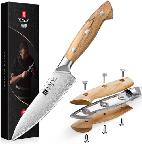 XINZUO Acier Composite 13,5cm Couteau Universel de Cuisine Forgé à la Main Multifonctions Couteau Tout Usage Lame Tranchante Acier à Haute Teneur en Carbone Paring de Fruits-Poignée en Bois d'Olivier