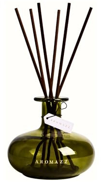AROMAZZ Reed Diffuser with Olive Green Glass Vessel, Decorative Fragrance Set with Dark Brown Reeds Soft Floral with Smoky Wood - Hotel Luxury Scent - Long Lasting Fragrance Oud & Rose