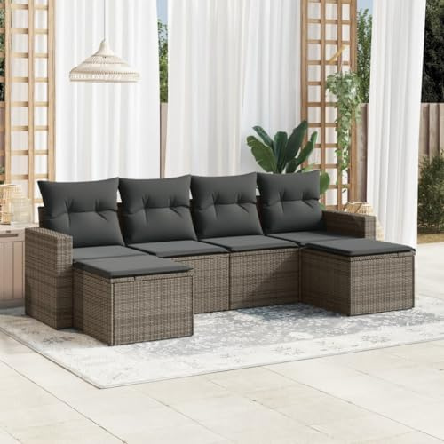 Bucmath 6-TLG. Garten-Sofagarnitur Grau Poly Rattan, Modulares Outdoor Loungeset mit Kissen, Stauraum, UV-beständig, wetterfest für Terrasse, Balkon, Gartenmöbel, 110 kg Tragfähigkeit