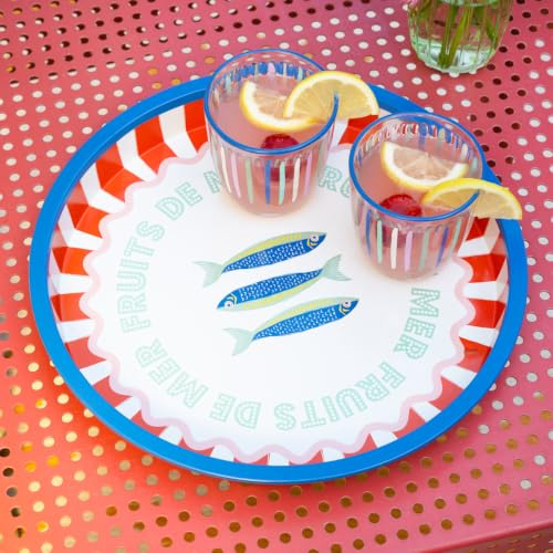 Talking Tables Grand Plateau de Service Rond pour Boissons, collations, Condiments décoratifs et colorés - Motif Poisson - Idéal pour Les Repas d'été, Les barbecues, Les Repas en Plein air - en étain