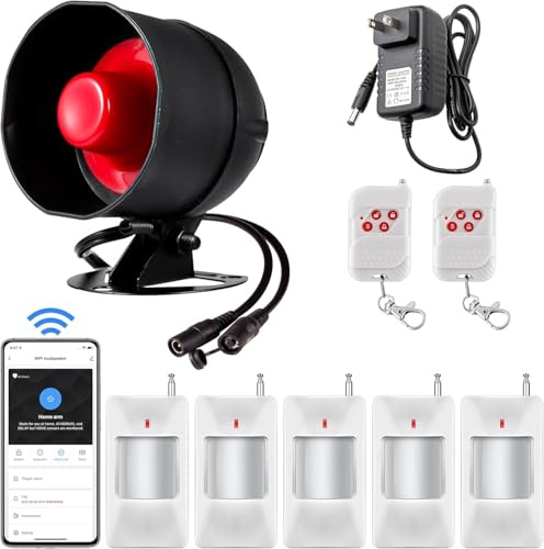 Système d'alarme WiFi, système d'alarme sans Fil 120 DB pour la sécurité de la Maison avec 5 détecteurs de Mouvement et télécommande pour abri de Jardin et Garage