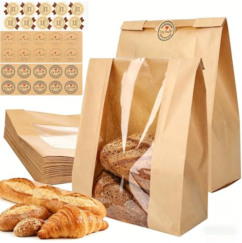30 Pack Paper Bread Bags with Window for Homemade Bread, Large Sourdough Bakery Bags 13.78x8.27x3.5 Inch, Kraft Paper Sandwich Bags with Thank You Stickers for Storage Bread Cookies Snacks