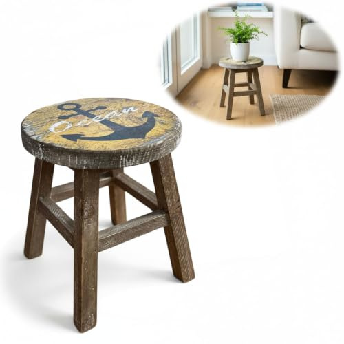 LS-LebenStil Design Holz Hocker Maritim 26x20cm Anker Deko Mini Tisch | Tischchen | Braun 4 Füße | Rund | Freistehend | ideal als kleiner Blumenhocker Pflanzenständer Kerzenteller & Dekotablett