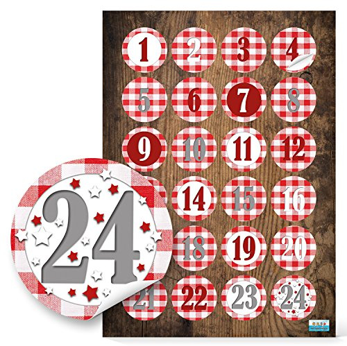 Zahlensticker Adventskalender, Zahlen 1 bis 24, zum Aufkleben, Zahlenaufkleber, Adventskalenderzahlen zum Basteln, Etiketten Ziffern Rund, hergestellt in Deutschland Ø 4 cm