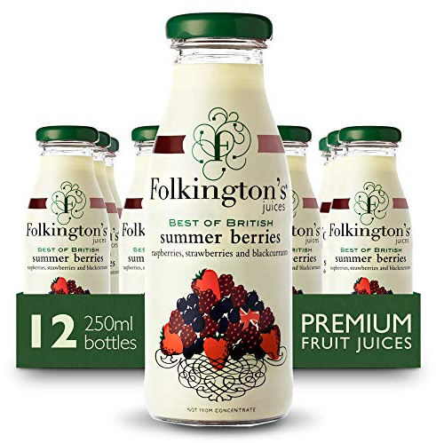 Folkington's Fruit Juice, Summer Berries, 12 Glass Bottles, Raspberries Strawberries Blackcurrants, Multipack 12 x 250 ml