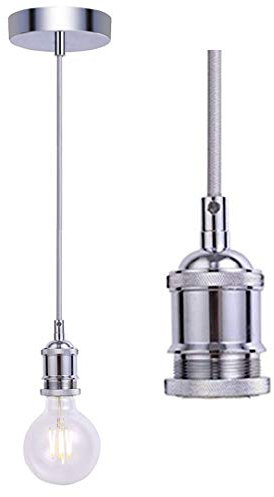 JING Vintage Pendant Light Fitting,Industrial Chrome Ceiling Rose,Braided Flex E27 Lamp Holder,Suspended Ceiling Pendant Light Fitting-Chrome