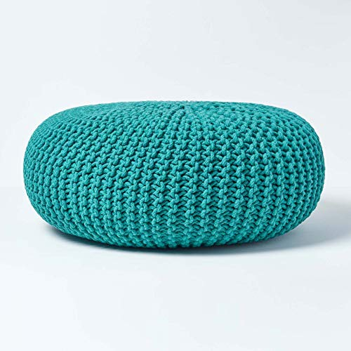 Homescapes Pouf Strickpouf rundes Bodenkissen, Sitzpouf 70 x 23 cm, gepolsterter Sitzhocker, Sitzpuff/Puff mit grob gestricktem Bezug aus 100% Baumwolle, Strickpuff, blaugrün/Petrol