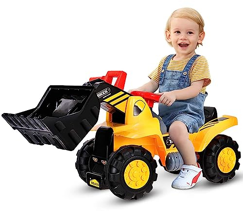 COSTWAY Sitzbagger mit eingebautem Ablagefach, Kinderbagger mit 4 Sound-Tasten, Bagger Spielzeug, Sandbagger, Schaufelbagger, Aufsitz Bagger für Kinder ab 3 Jahren, inkl. 3 Steine und Helm