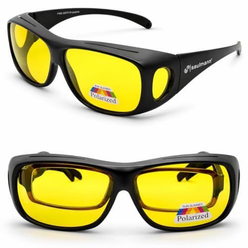 Saulmann® Polarisierte Unisex Überzieh Blendschutzbrille - Kontrast Outdoor- & Nacht Fahrbrille mit UV-Schutz gegen blendendes Licht und Antireflexbeschichtung - Polbrille SM5776