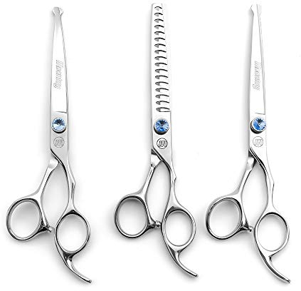 Moontay Fellschere Hundeschere Professionelles Hundepflege-Scherenset mit Gebogene/Gerade/Ausdünnungsschere zum Ausdünnen Schneiden 7 Zoll 440c japanische Edelstahlschere Hundepflege-Schere Silber