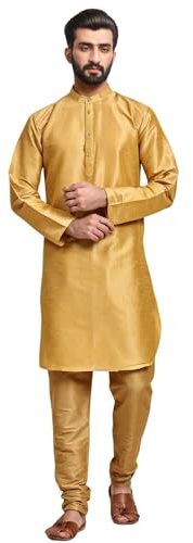 SKAVIJ Men's Art Silk Solid Kurta Pyjama Set Festive Woven Design 2-Piece Ethnic Dress (KP055gold_Gold_S)
