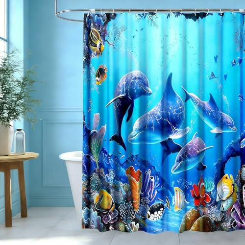 wiipara Duschvorhang 180x200 cm, Delphin & Ozean Shower Curtain, Blau | Schimmelresistent & Waschbar, Wasserabweisender Textil-Badevorhang, Badewannenvorhang, Modern Duschvorhänge Inkl. 12 Ringe