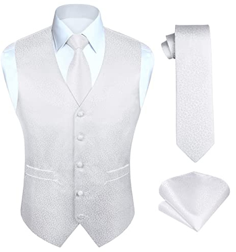 HISDERN Weiße Hochzeitsweste für Herren Paisley Westen Jacquard Krawatte Einstecktuch Einstecktuch Hochzeit Party Business Fit Weste Anzug Set S