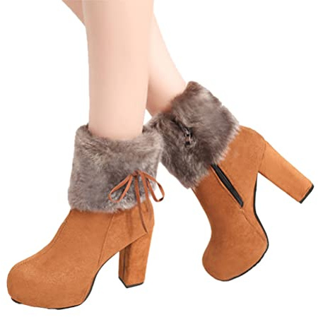 ticticlily Femme Bottes de Neige Fourrure Chaud Mode Courts avec Doublure Bottines Haut Talon Hiver Chaussures Bottes Snow Boots A Marron 35 EU