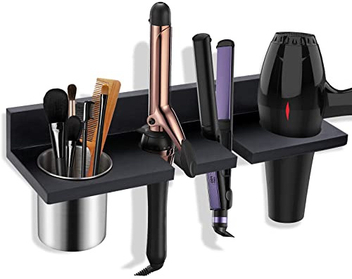 seashpea Hair Tool Organizer Wall Mounted - Wooden Dryer Holder, Blow Dryer Holder for Bathroom, Rustic Styling Tools Organizer for Flat Iron, Curling Wand, Hair Straighteners, Brushes, Black