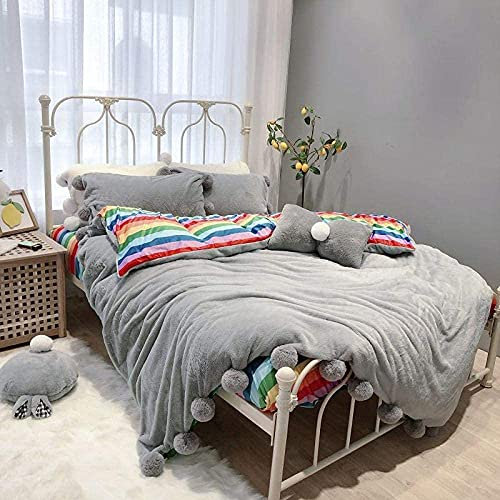 Parure de lit 4 pièces, nouveau rose gris blanc sept arc-en-ciel hiver chaud flanelle velours polaire princesse fille ensemble de literie housse de couette drap de lit taies d'oreiller-7-drap de