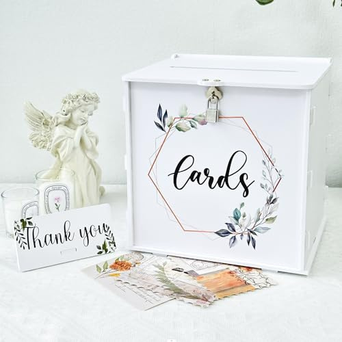 OurWarm White Wedding Card Box with Lock, PVC Gift Card Box for Wedding Reception, Eucalyptus DIY Wedding Envelope Money Card Box for Party Graduation Birthday Baby Shower Decorations