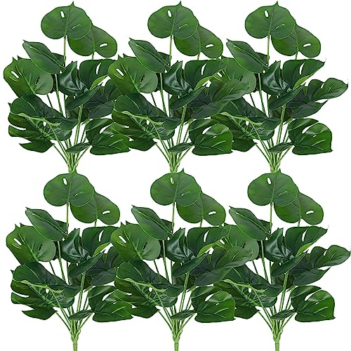 6 paquetes de plantas falsas, palmeras tropicales artificiales, hojas de palma sintética, arbustos, plantas falsas de tortuga Monstera, hojas de palma, tallos para interiores y exteriores, resistentes
