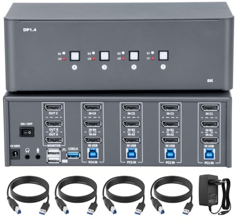 KVM Switch 3 Monitors 4 Computers, 8k Displayport Switch with USB 3.0, Jack, 4 Computers Share a Set of Keyboard, Mouse, Support Windows/Mac/Linux (KVM-DP4-3)