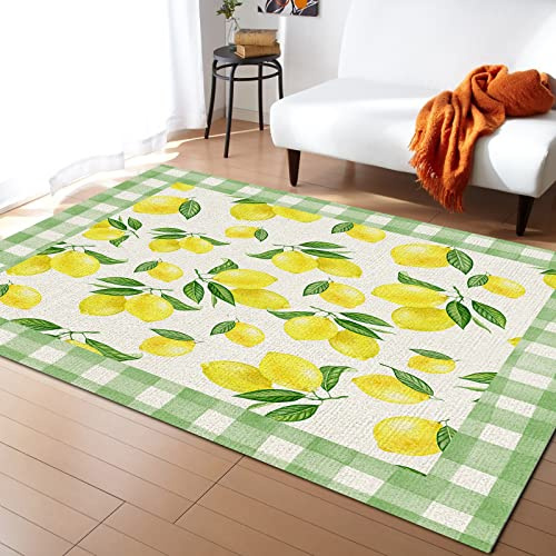 Alfombra De Dormitorio Casa Rural Limones Amarillos Acuarela Búfalo Comprobar Frutas Granja Antibacterianas Alfombra Atrapar Suciedad,Fácil Limpieza Alfombra De Piso para Exterior 120X160Cm