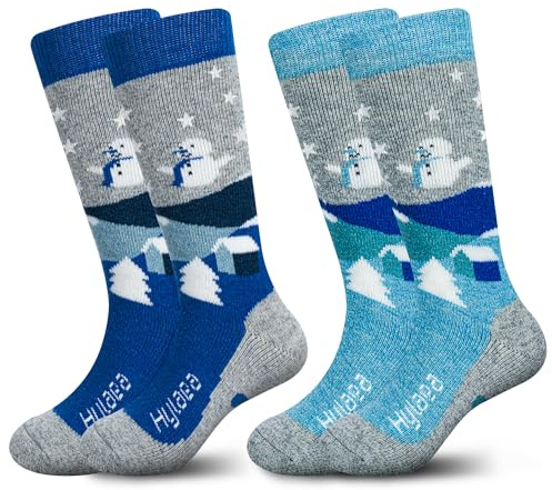 Hylaea Merino Wool Ski Socks Kids, Knee-high Warm Thermal Snowboard Skating Socks for Toddler Boys and Girls Grey Blue XX-Small