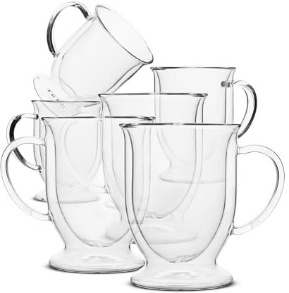 BTaT- Double Walled Glass Coffee Mugs, 12 oz, Set of 6, Glass Coffee Cups with Handle, Insulated Clear Coffee Mug for Hot and Cold Beverages, Cappuccino, Latte, Tea, Americano, Microwave Safe