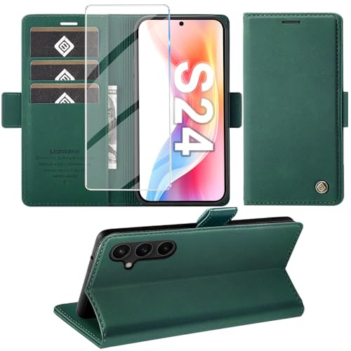 Giyer Handyhülle für Samsung Galaxy S24 5G Hülle mit Schutzfolie, Schutzhülle Galaxy S24 5G PU Leder Wallet Flip Case Standfunktion Kartenfach Klapphülle für Samsung S24 Ultra Full Cover (Grün)